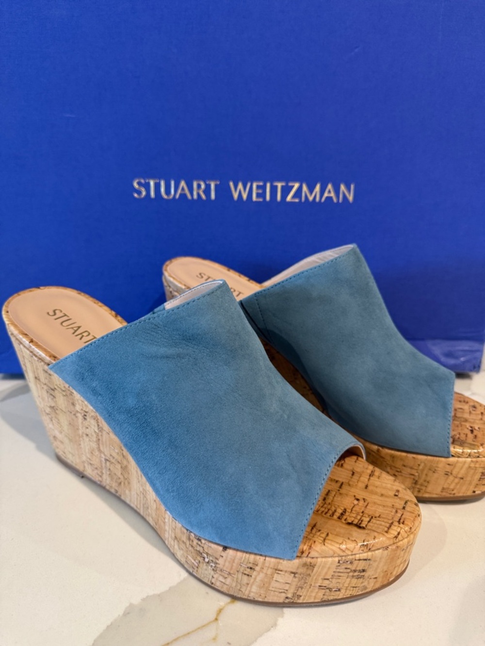 Stuart Weitzman Teal Blue Suede Cork Wedge Mules 10 New